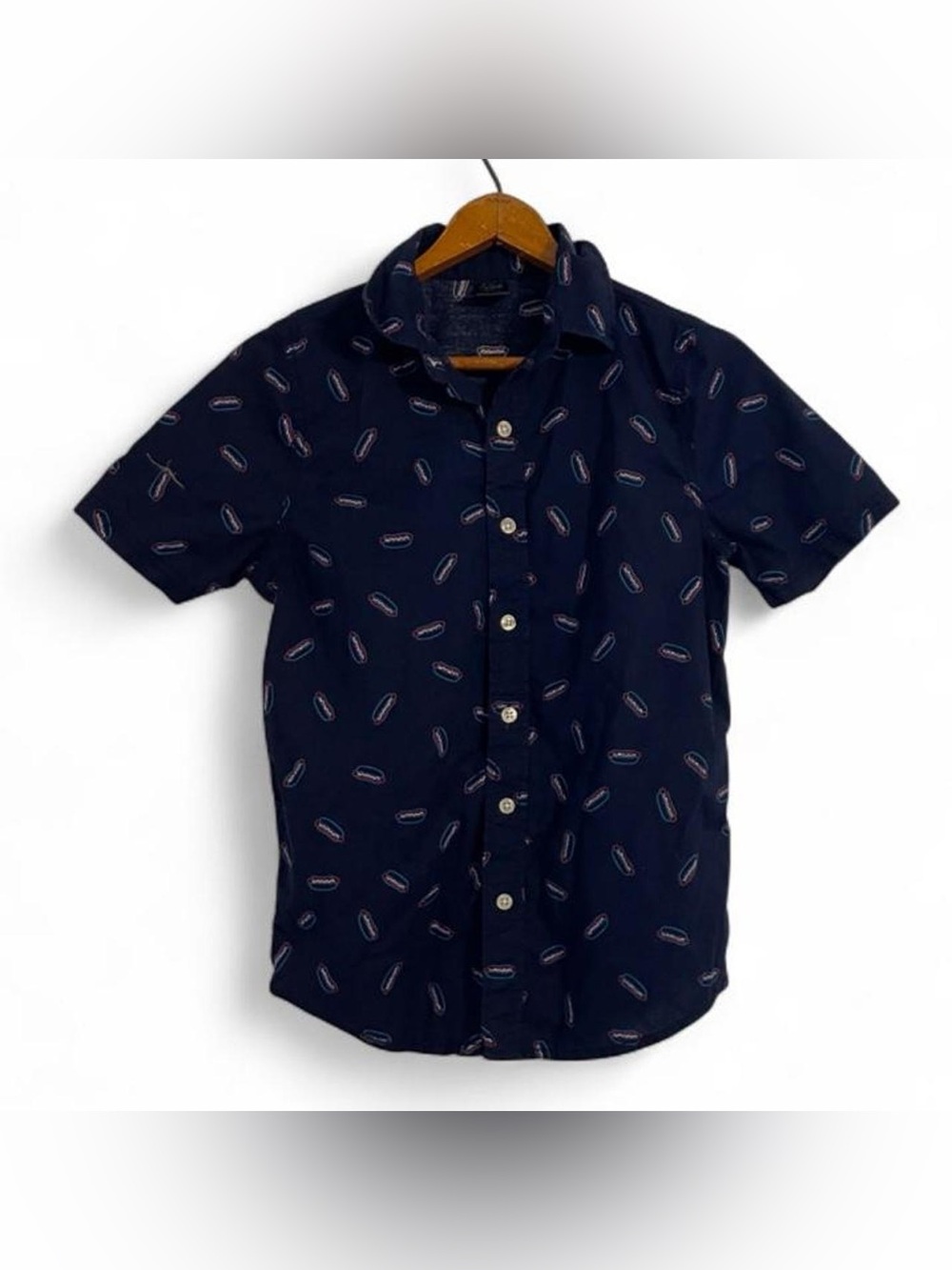 City Streets Boys M 10 12 Navy Blue Hot Dog Button Down Casual Cotton Shirt USA